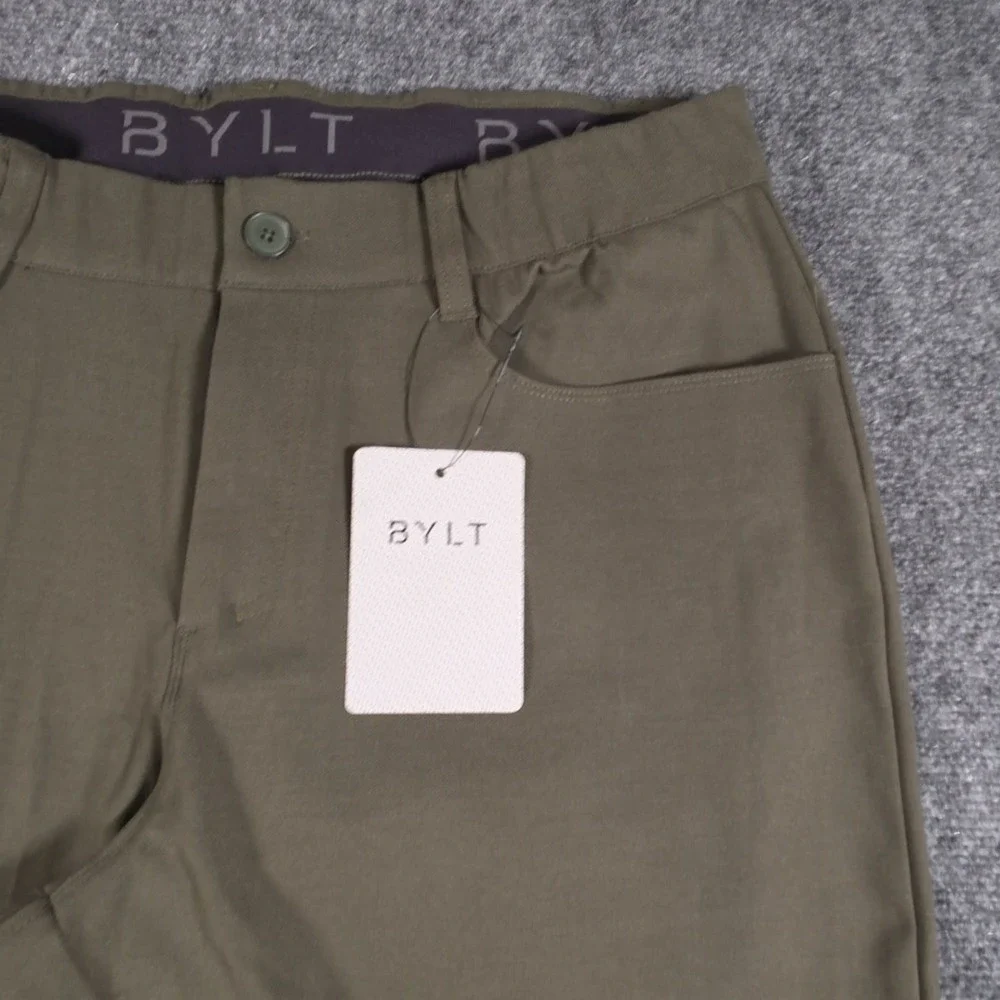 NWT BYLT Lux Pants Mens 34x30 Dark Olive Stretch Bamboo Slim Chino 5 Pocket